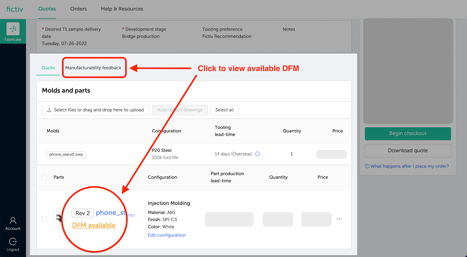 Click Manufacturability feedback or DFM available to access the DFM