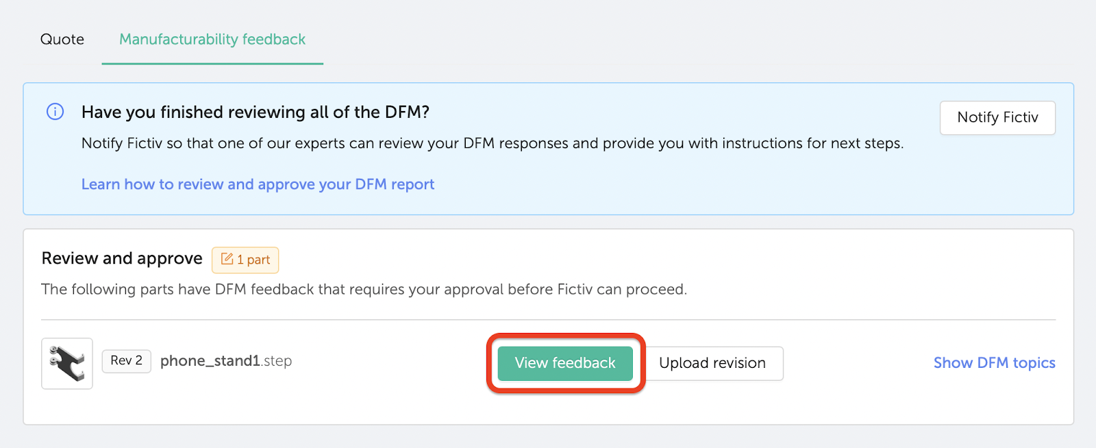 Click View feedback to display the DFM report