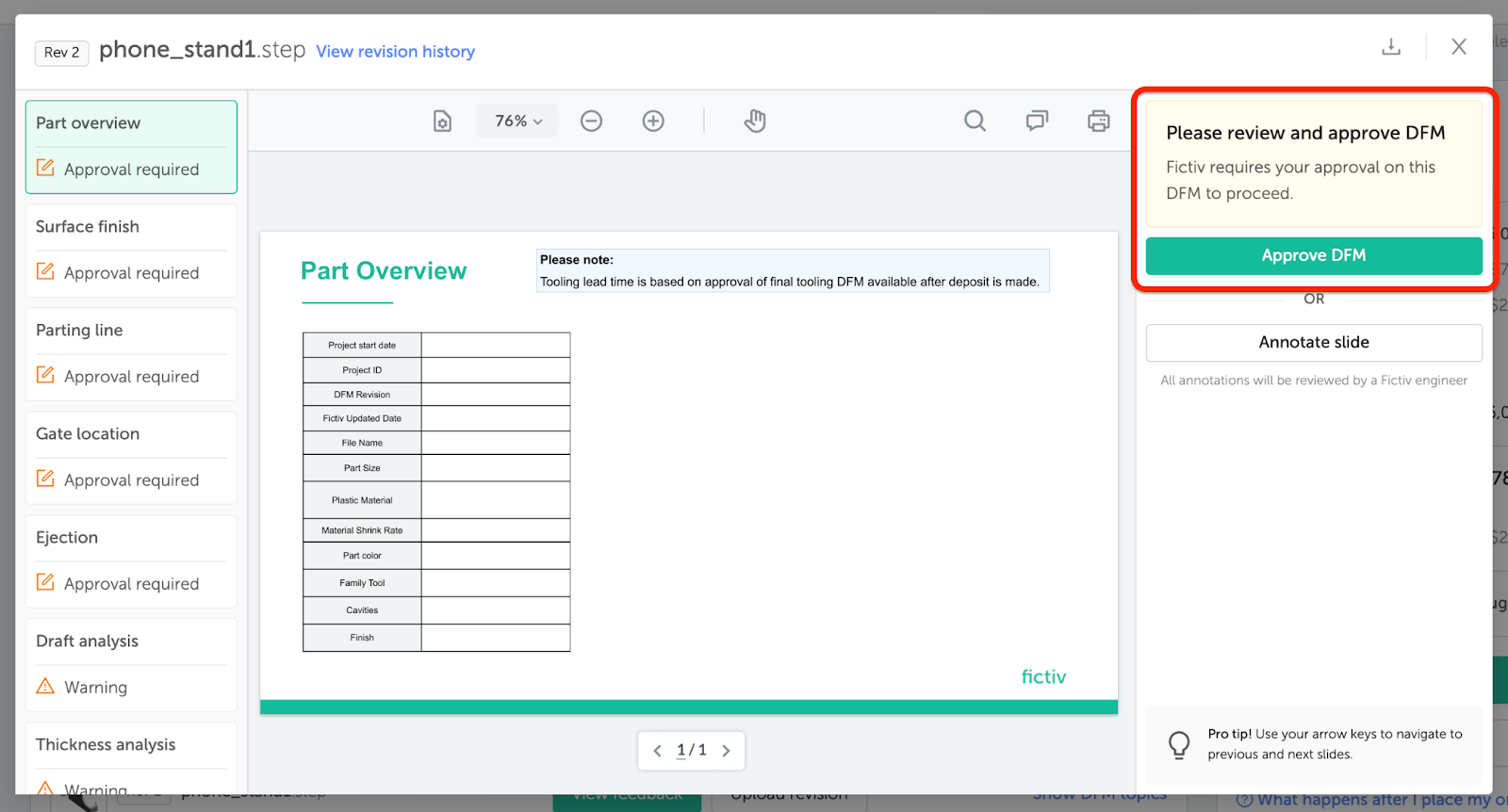 For some statuses, an action is available to approve or accept DFM